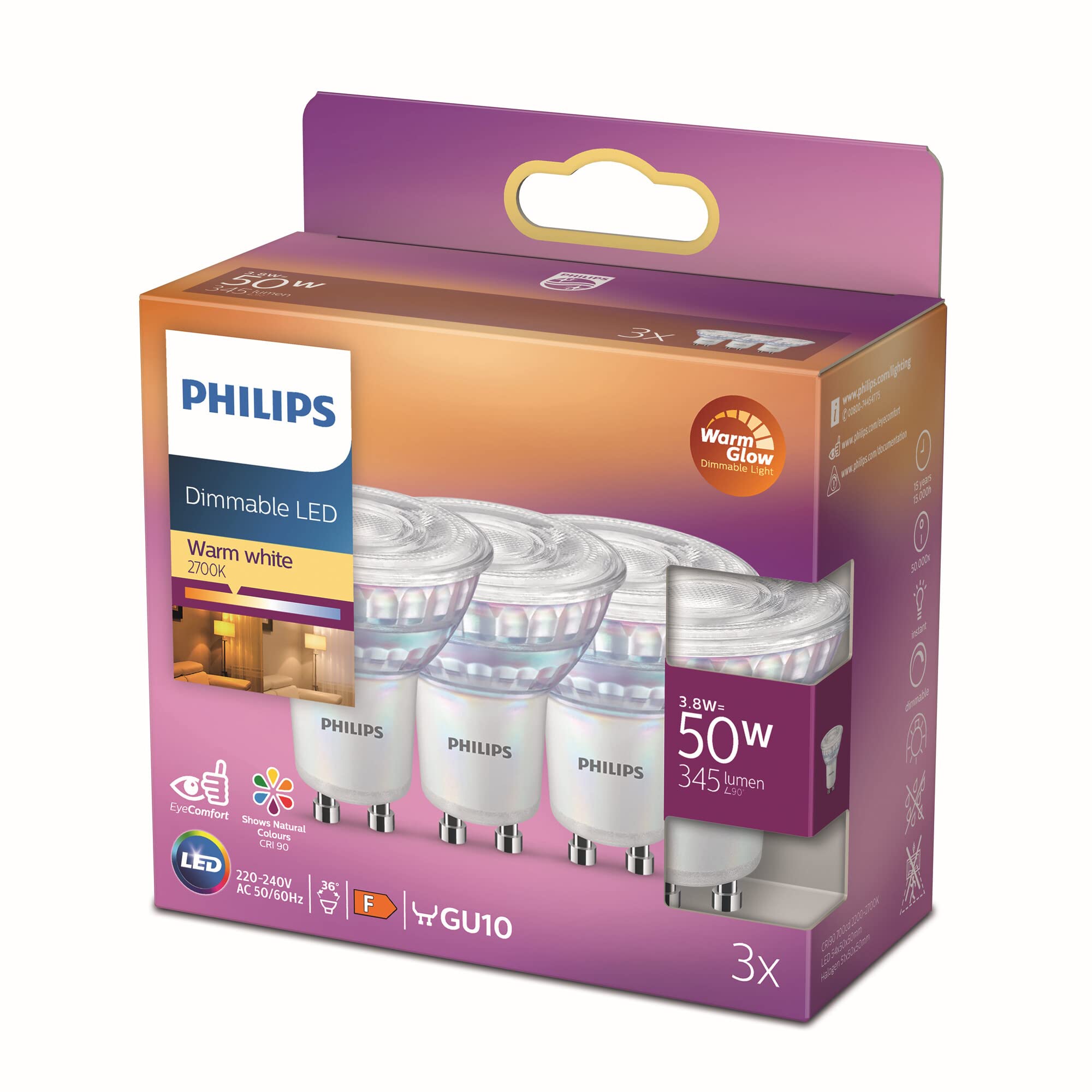 Energiezuinige Philips Led Spot - 50 W - Gu10 - Dimbaar Warmwit Licht - 3 Stuks - Bespaar Op Energiekosten