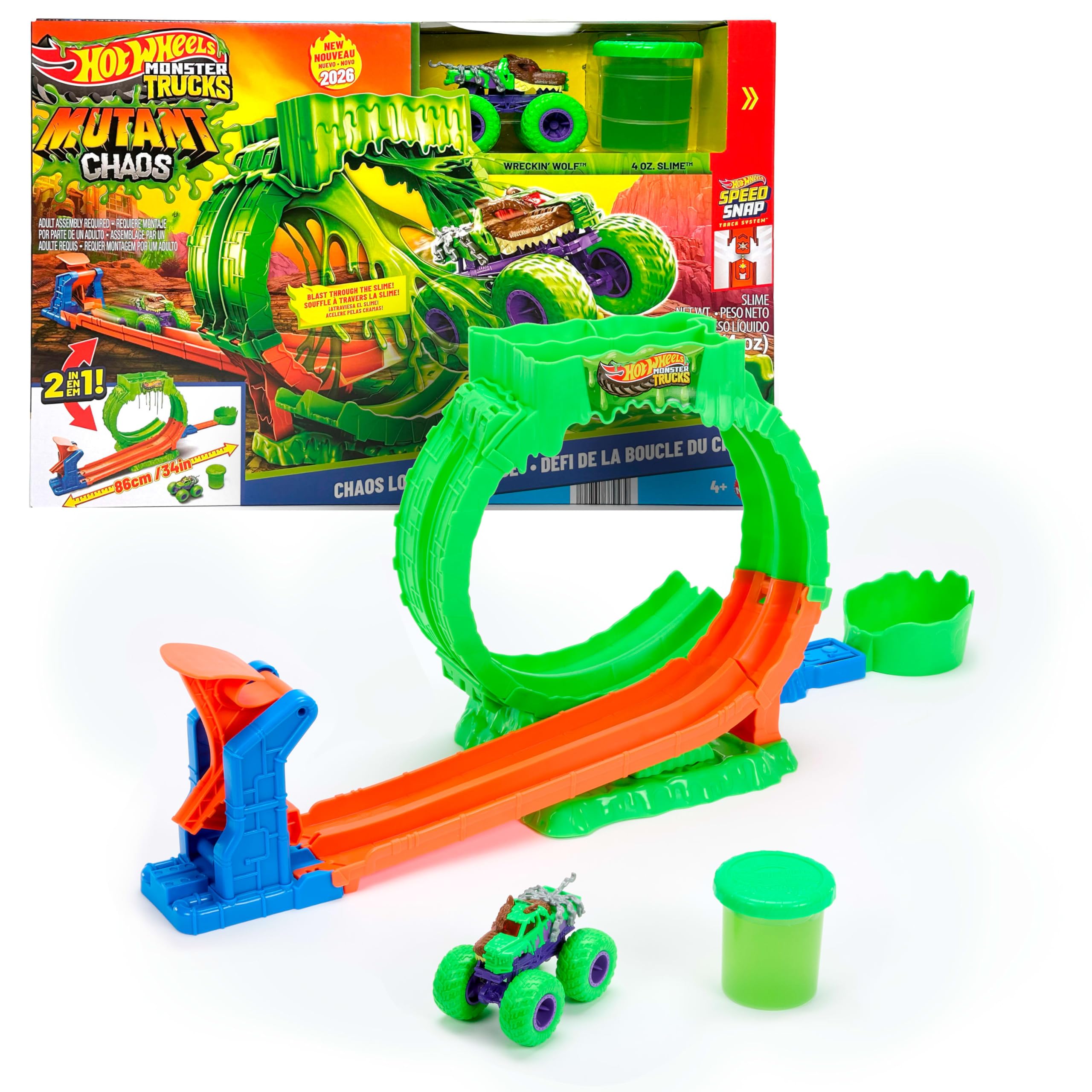 Hot Wheels Monster Trucks Spielset, Mutant Chaos, Loop-Challenge Track-Set mit Wreckin’ Wolf im Maßstab 1:64, ca. 110 g Slime-Schleim, 2 Spielmöglichkeiten, JMK91