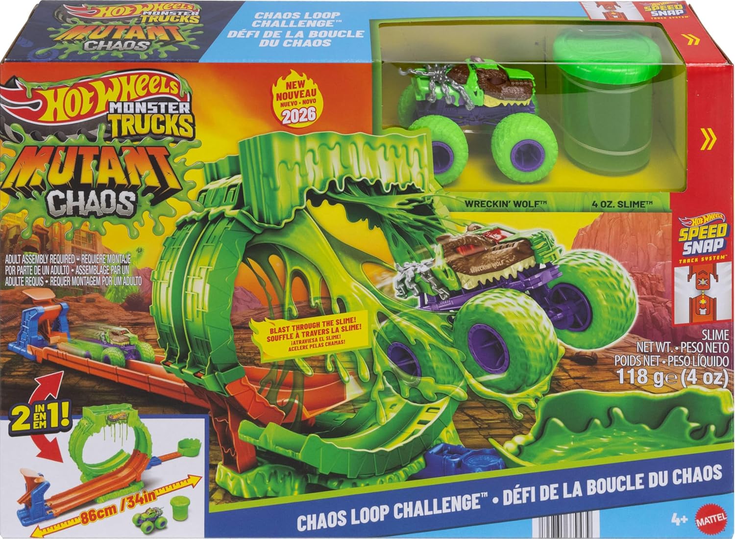 Hot Wheels Monster Trucks Spielset, Mutant Chaos, Loop-Challenge Track-Set mit Wreckin’ Wolf im Maßstab 1:64, ca. 110 g Slime-Schleim, 2 Spielmöglichkeiten, JMK91