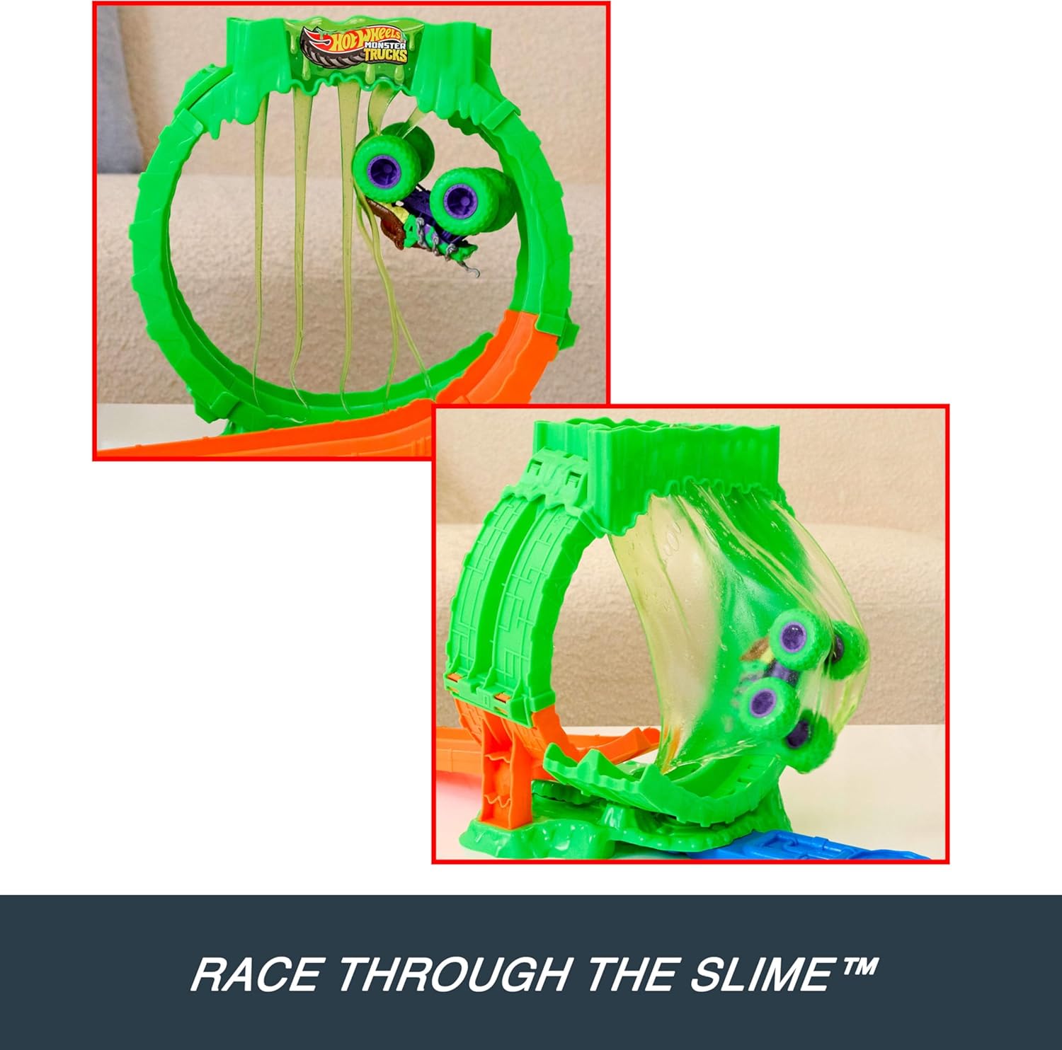 Hot Wheels Monster Trucks Spielset, Mutant Chaos, Loop-Challenge Track-Set mit Wreckin’ Wolf im Maßstab 1:64, ca. 110 g Slime-Schleim, 2 Spielmöglichkeiten, JMK91