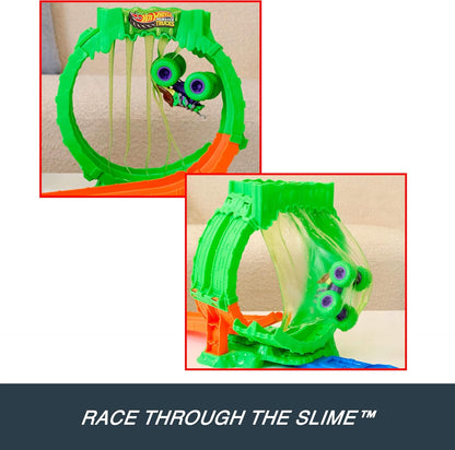 Hot Wheels Monster Trucks Spielset, Mutant Chaos, Loop-Challenge Track-Set mit Wreckin’ Wolf im Maßstab 1:64, ca. 110 g Slime-Schleim, 2 Spielmöglichkeiten, JMK91