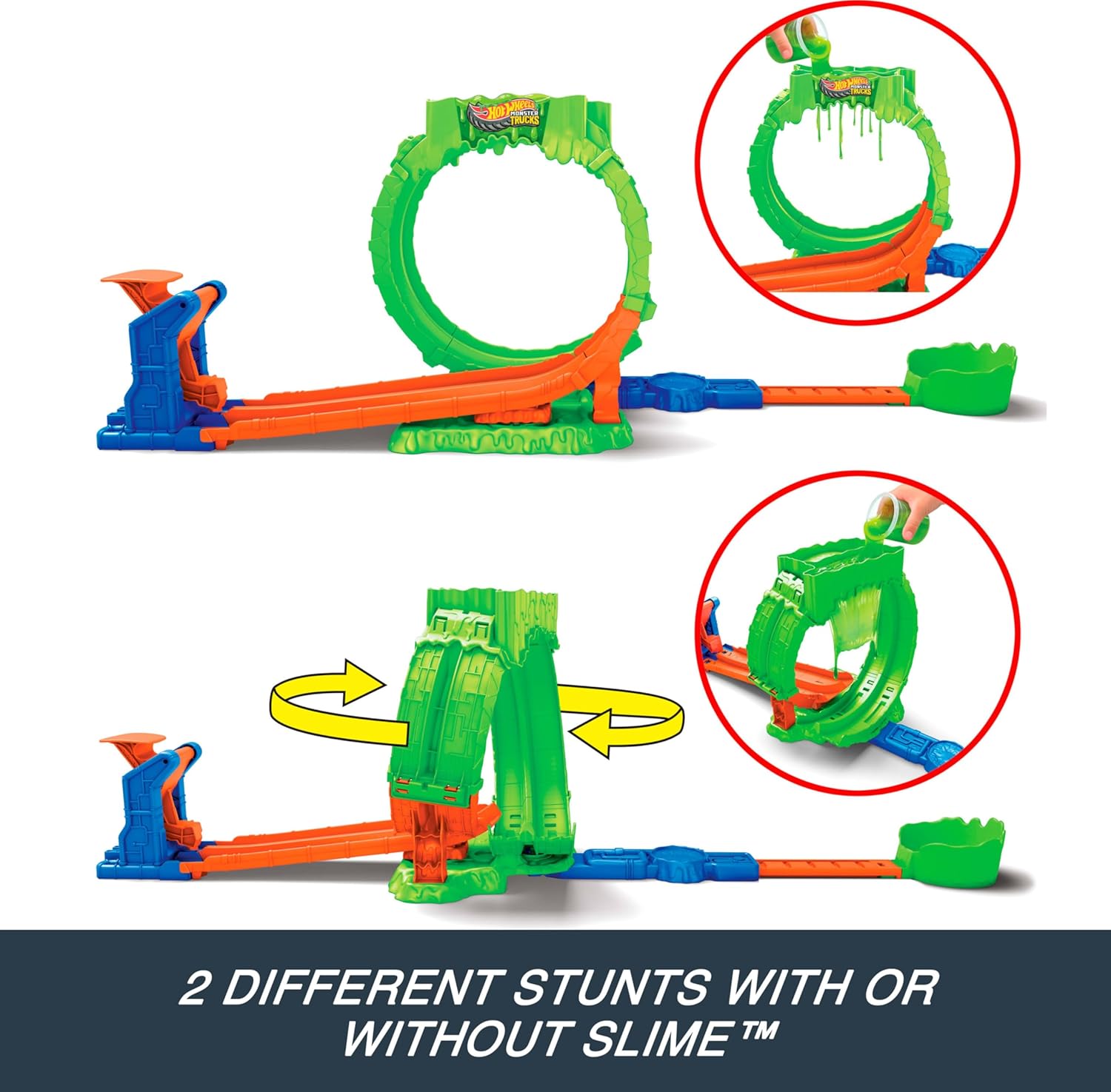 Hot Wheels Monster Trucks Spielset, Mutant Chaos, Loop-Challenge Track-Set mit Wreckin’ Wolf im Maßstab 1:64, ca. 110 g Slime-Schleim, 2 Spielmöglichkeiten, JMK91