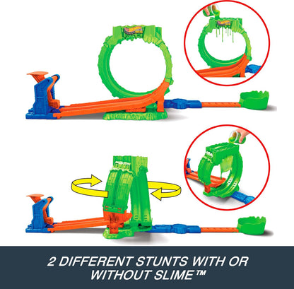 Hot Wheels Monster Trucks Spielset, Mutant Chaos, Loop-Challenge Track-Set mit Wreckin’ Wolf im Maßstab 1:64, ca. 110 g Slime-Schleim, 2 Spielmöglichkeiten, JMK91