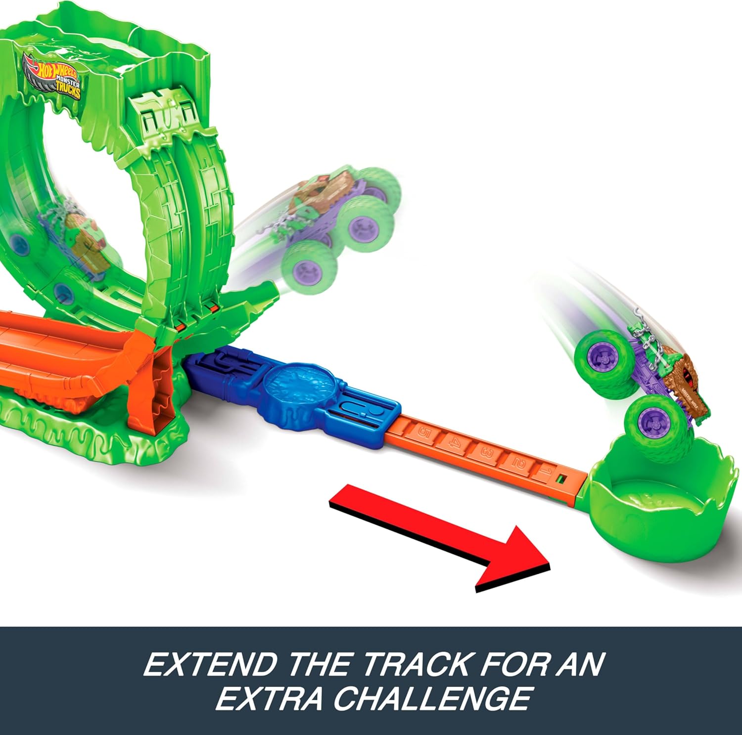 Hot Wheels Monster Trucks Spielset, Mutant Chaos, Loop-Challenge Track-Set mit Wreckin’ Wolf im Maßstab 1:64, ca. 110 g Slime-Schleim, 2 Spielmöglichkeiten, JMK91