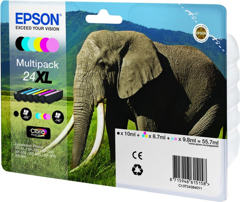 Epson 24XL Elephant High Yield Genuine Multipack, 6-colours Claria Photo HD Ink Cartridges, Black/Yellow/Magenta/Cyan