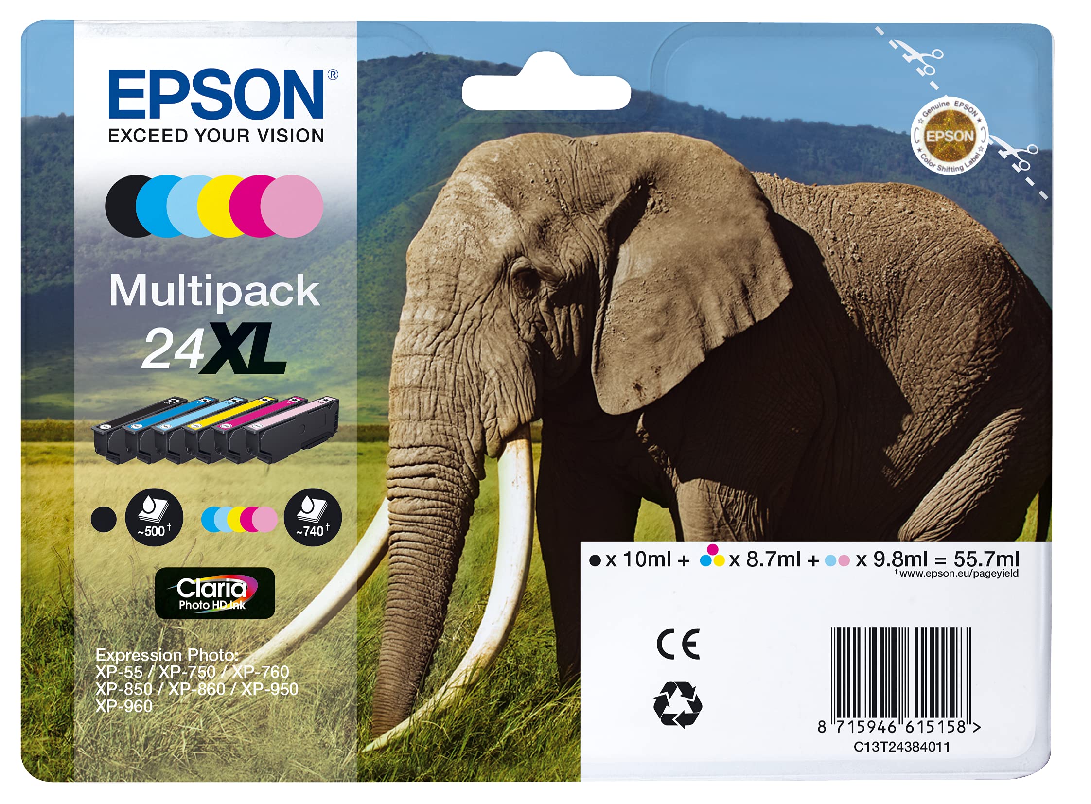 Epson 24XL Elephant High Yield Genuine Multipack, 6-colours Claria Photo HD Ink Cartridges, Black/Yellow/Magenta/Cyan
