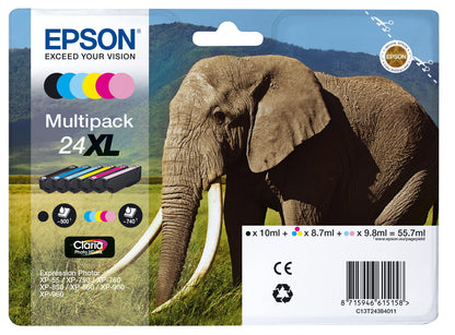Epson 24XL Elephant High Yield Genuine Multipack, 6-colours Claria Photo HD Ink Cartridges, Black/Yellow/Magenta/Cyan