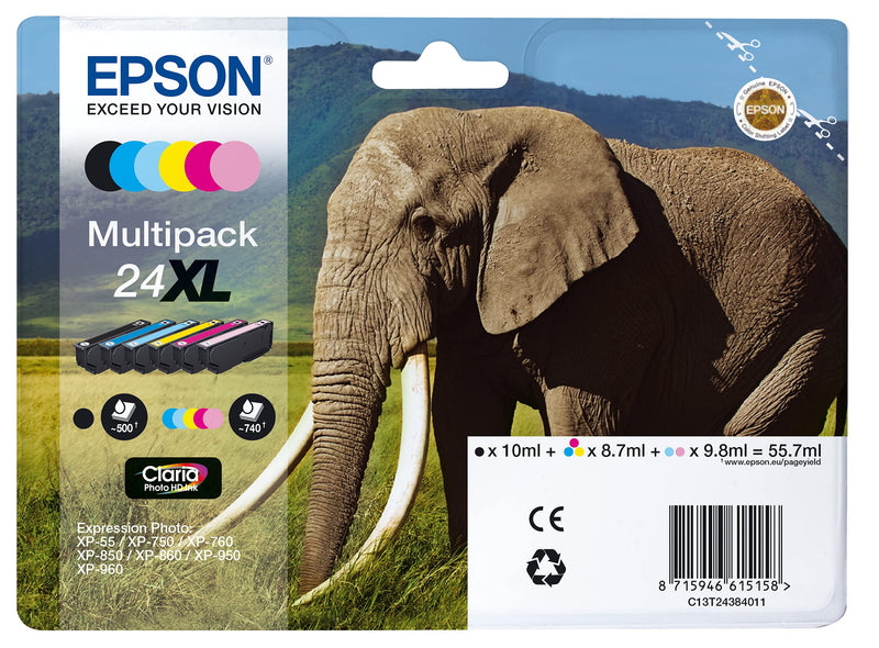 Epson 24XL Elephant High Yield Genuine Multipack, 6-colours Claria Photo HD Ink Cartridges, Black/Yellow/Magenta/Cyan