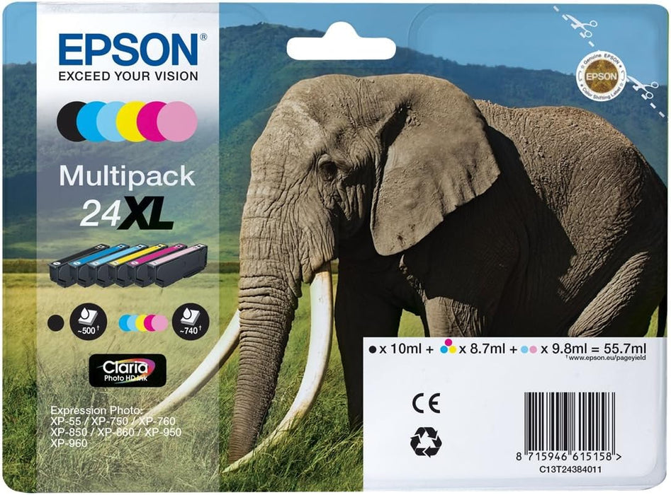 Epson 24XL Elephant High Yield Genuine Multipack, 6-colours Claria Photo HD Ink Cartridges, Black/Yellow/Magenta/Cyan