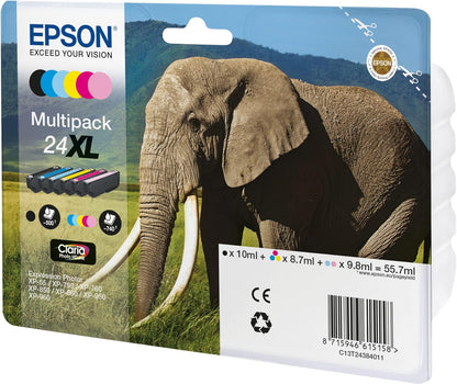 Epson 24XL Elephant High Yield Genuine Multipack, 6-colours Claria Photo HD Ink Cartridges, Black/Yellow/Magenta/Cyan