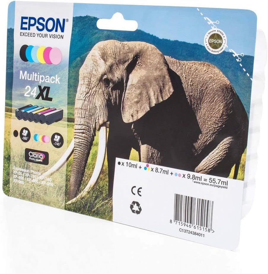 Epson 24XL Elephant High Yield Genuine Multipack, 6-colours Claria Photo HD Ink Cartridges, Black/Yellow/Magenta/Cyan