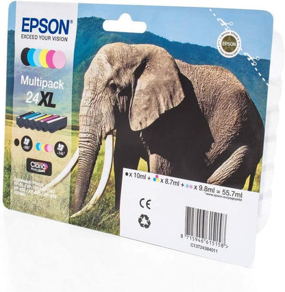 Epson 24XL Elephant High Yield Genuine Multipack, 6-colours Claria Photo HD Ink Cartridges, Black/Yellow/Magenta/Cyan