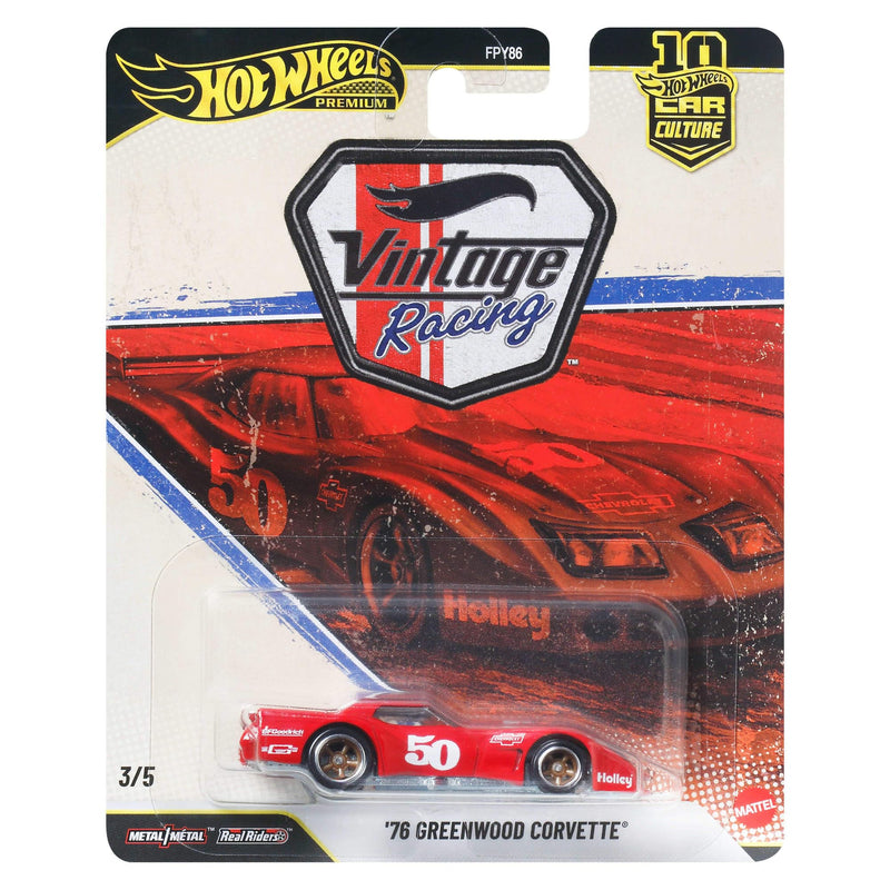 Hot Wheels Greenwood Corvette Car Culture Vehicle, Premium 1:64 Scale Die-Cast Toy Car with Real Riders Tires & Metal/Metal Body & Chassis, JKF24