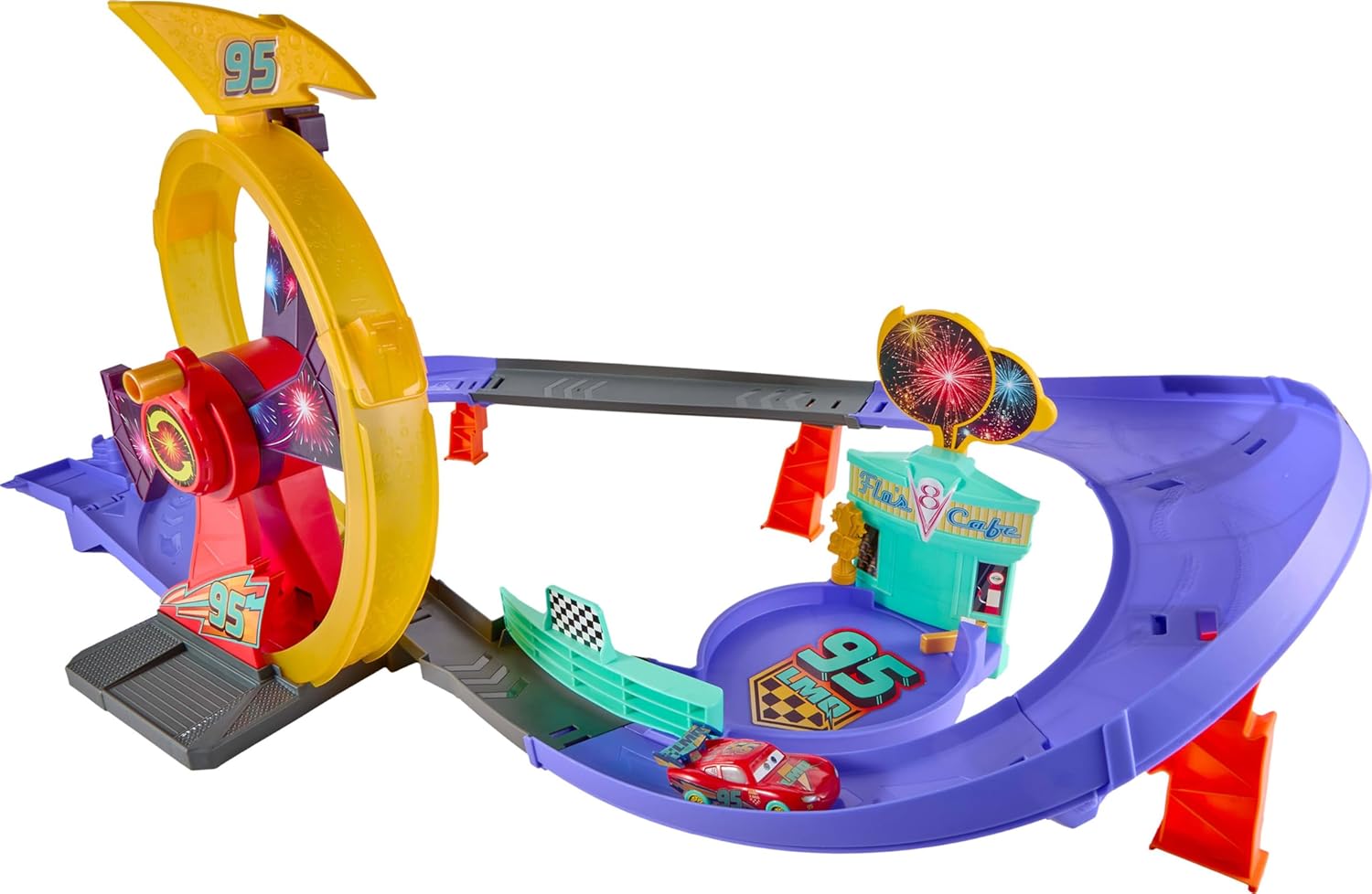 Mattel Disney Pixar Cars Toy Track Set with Light-Up Lightning McQueen, Race to Celebrate Celebration Raceway Playset with Loop & Wind-Up Kicker