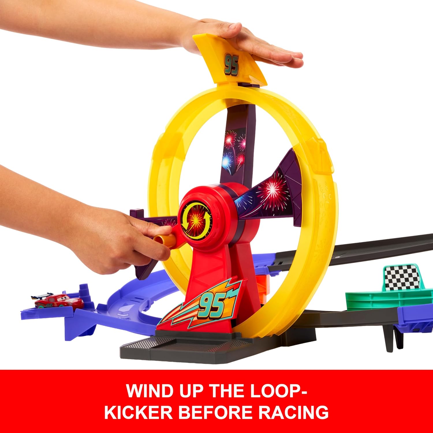 Mattel Disney Pixar Cars Toy Track Set with Light-Up Lightning McQueen, Race to Celebrate Celebration Raceway Playset with Loop & Wind-Up Kicker