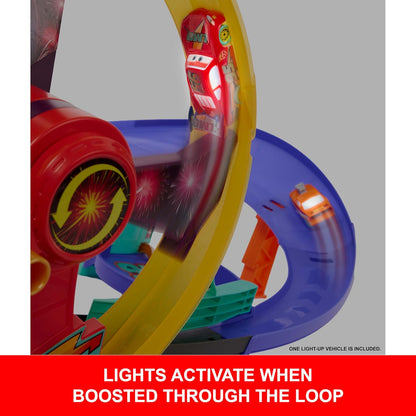 Mattel Disney Pixar Cars Toy Track Set with Light-Up Lightning McQueen, Race to Celebrate Celebration Raceway Playset with Loop & Wind-Up Kicker