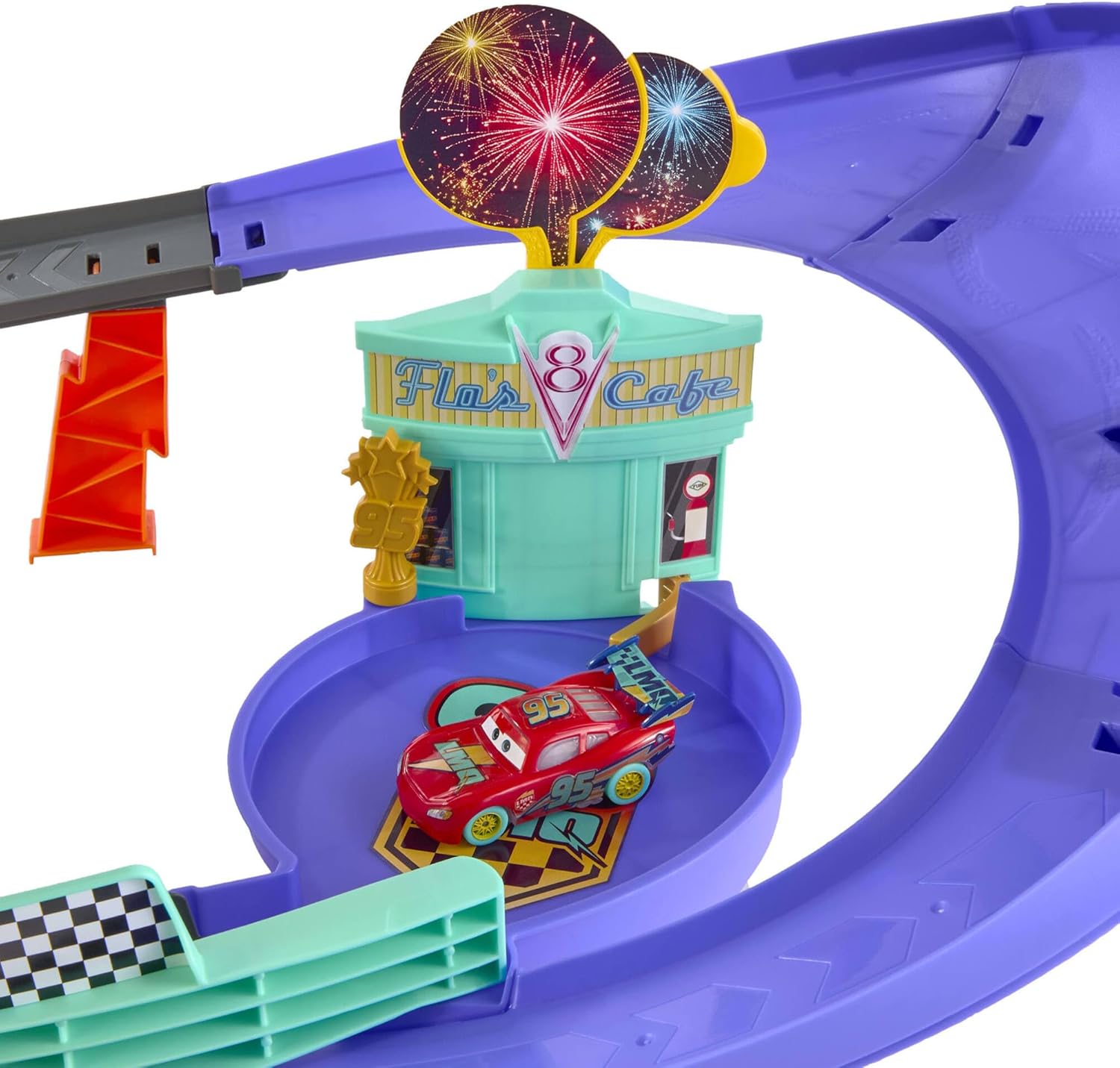 Mattel Disney and Pixar Cars Toy Track Set with Light-Up Lightning McQueen, Race to Celebrate Celebration Raceway Playset with Loop & Wind-Up Kicker, JMT57