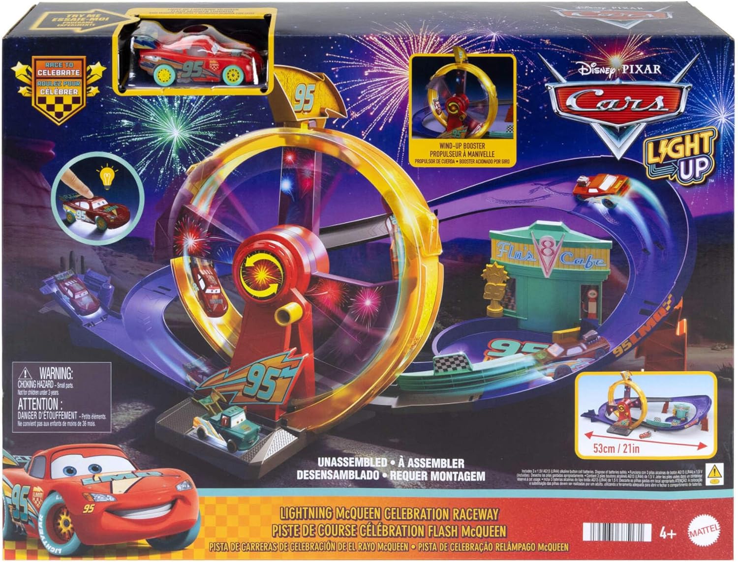 Mattel Disney and Pixar Cars Toy Track Set with Light-Up Lightning McQueen, Race to Celebrate Celebration Raceway Playset with Loop & Wind-Up Kicker, JMT57