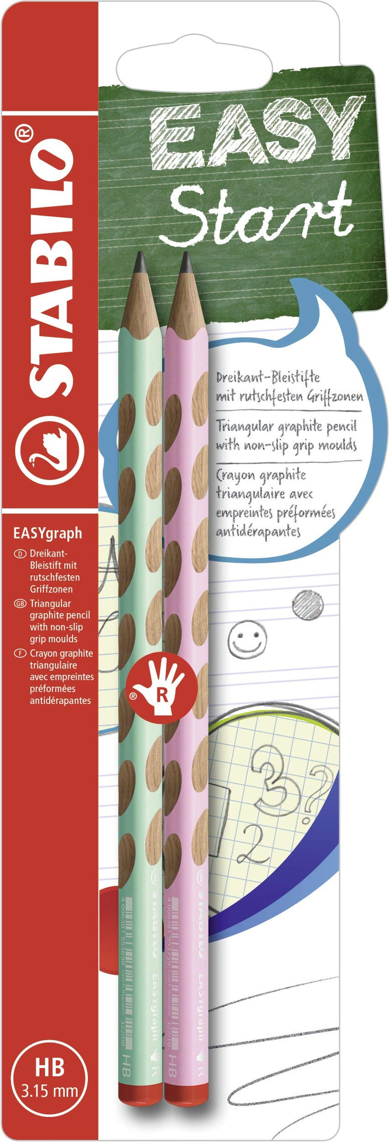 STABILO - Ergonomisch grafietpotlood voor rechtshandigen - EASYgraph Pastel - HB - 2 Stuks - Roze/Groen - Blister