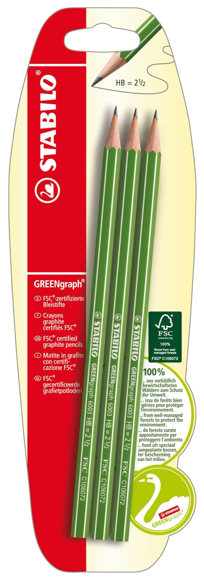 Milieuvriendelijk grafietpotlood - STABILO GREENgraph - 3 stuks - hardheid HB