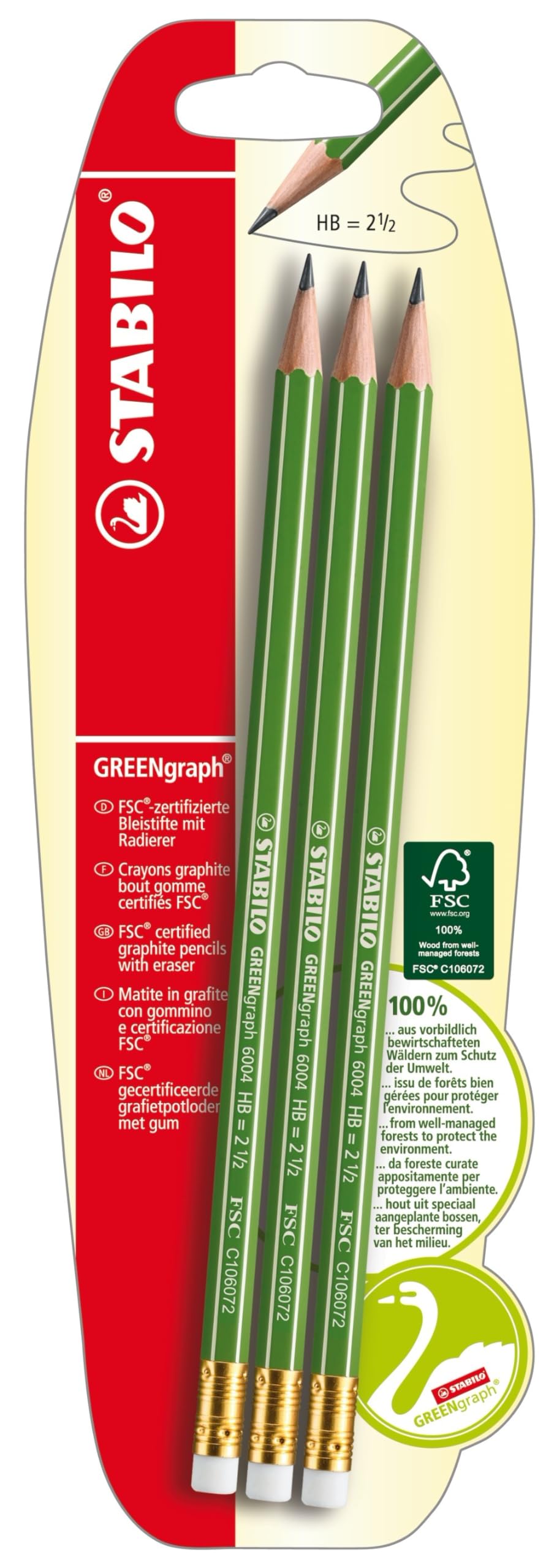 STABILO B-36606-10 Grafietpotlood met gum - GREENgraph - 3 stuks - hardheid HB