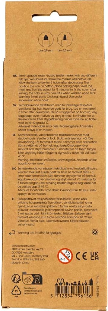 Textielstiften, lijn 2,3+3,6, diverse kleuren, 6 st/1 pak