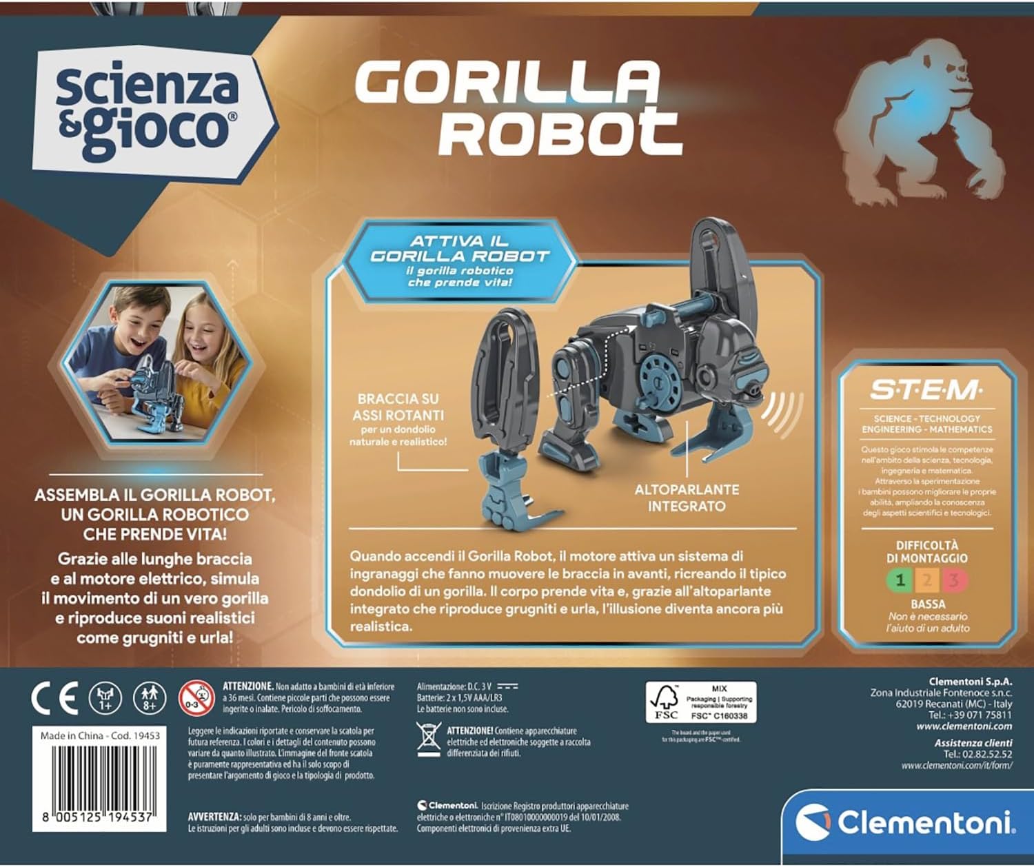 Clementoni Wetenschap en spel Robotics - Gorilla Power, bouwrobot, kinderen vanaf 8 jaar, logische en technologische vaardigheden, elektromotor, realistische geluiden, STEM en robotica, Italiaanse