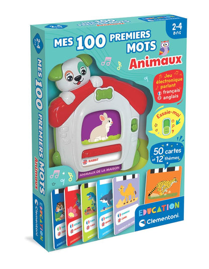Clementoni - Mes 100 Premiers Mots Bilingues Les Animaux – 2-4 Ans – Jeu éducatif Enfant français Anglais avec Cartes interactives et Lecteur sonore, Apprentissage vocabulaire, Jouet Fille garçon