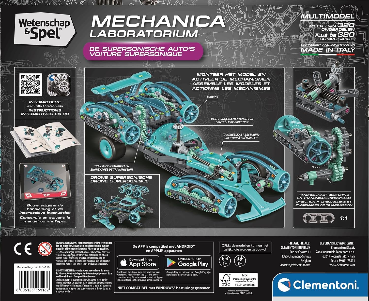 Clementoni Wetenschap & Spel - Supersonische Racewagen Bouwset – STEM Mechanica Speelgoed voor Kinderen – 2-in-1 Constructieset met Tandwielen & Turbines – Vanaf 8 Jaar