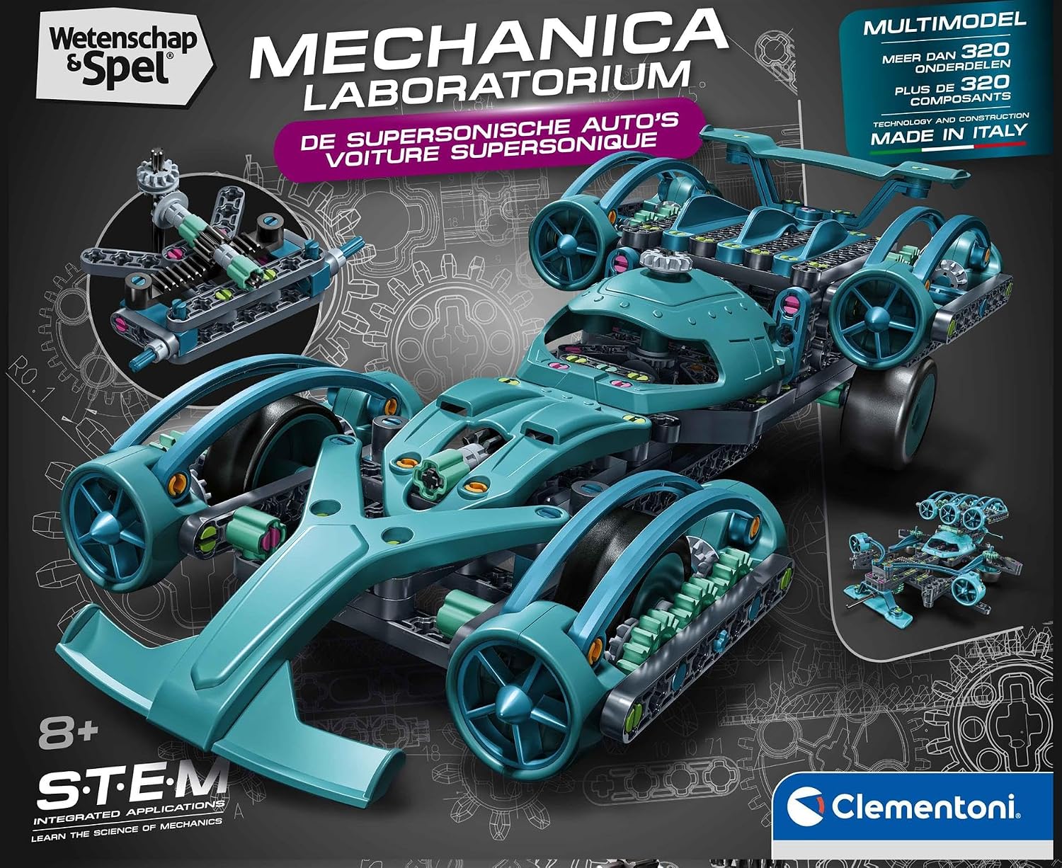 Clementoni Wetenschap & Spel - Supersonische Racewagen Bouwset – STEM Mechanica Speelgoed voor Kinderen – 2-in-1 Constructieset met Tandwielen & Turbines – Vanaf 8 Jaar