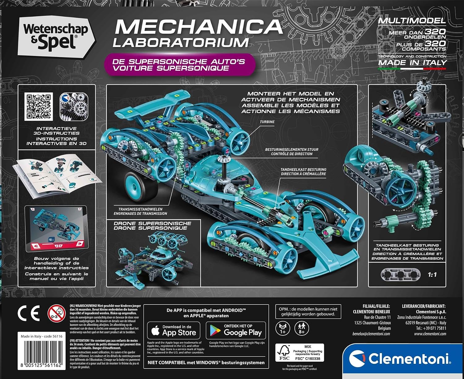 Clementoni Wetenschap & Spel - Supersonische Racewagen Bouwset – STEM Mechanica Speelgoed voor Kinderen – 2-in-1 Constructieset met Tandwielen & Turbines – Vanaf 8 Jaar