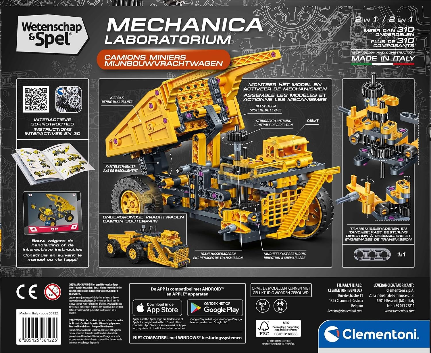 Clementoni Wetenschap & Spel Mijnbouwtruck Bouwset – 2-in-1 STEM Constructieset – Mechanica Speelgoed met Werkend Stuursysteem & Kiepbak – Science & Play – Vanaf 8 Jaar