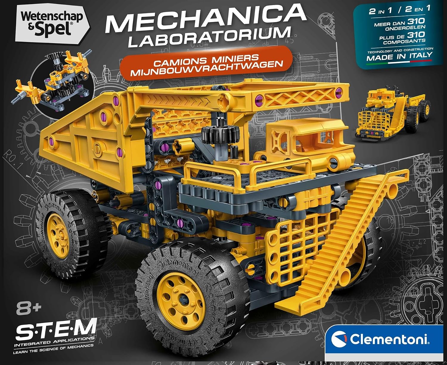 Clementoni Wetenschap & Spel Mijnbouwtruck Bouwset – 2-in-1 STEM Constructieset – Mechanica Speelgoed met Werkend Stuursysteem & Kiepbak – Science & Play – Vanaf 8 Jaar