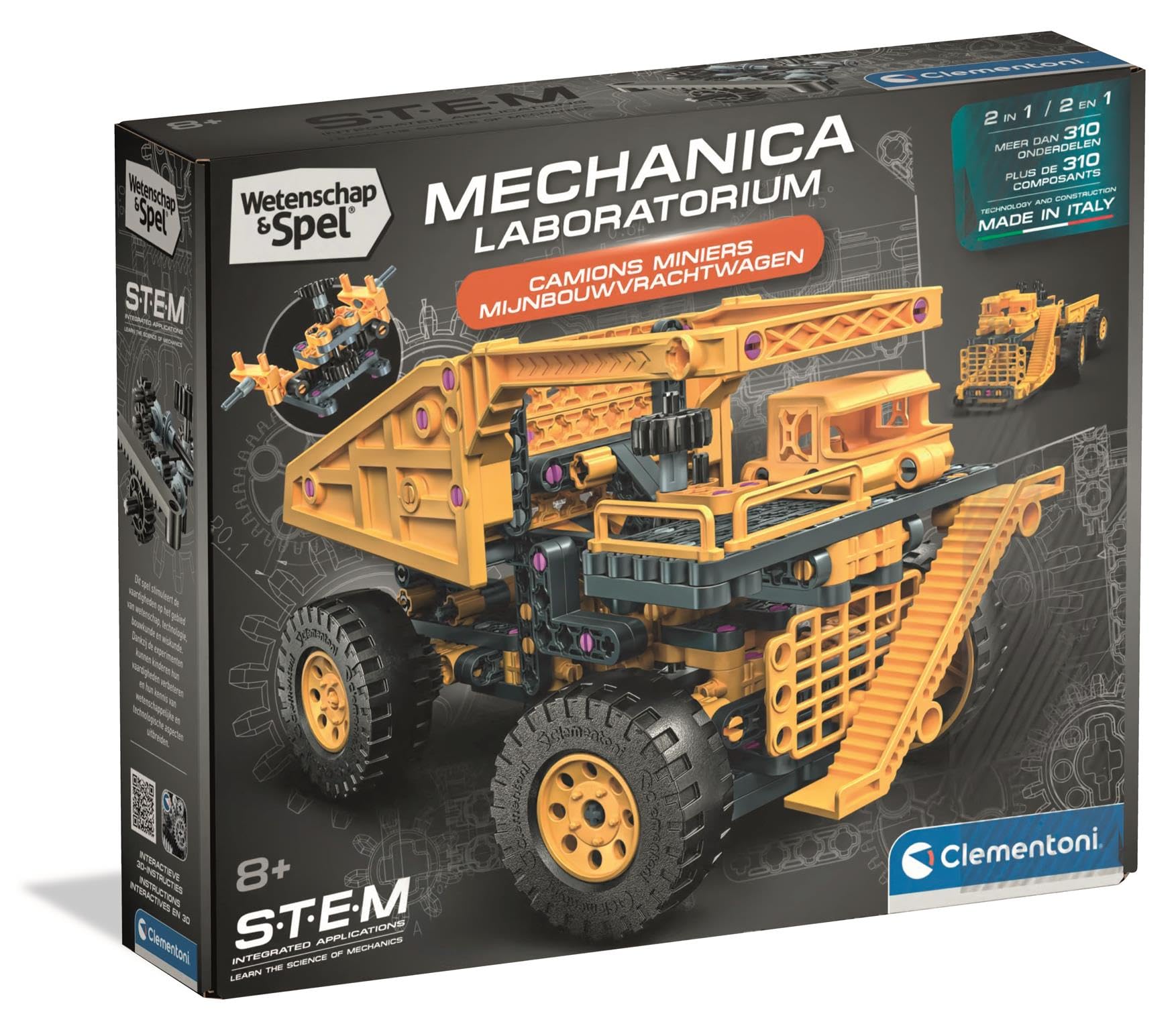 Clementoni Wetenschap & Spel Mijnbouwtruck Bouwset – 2-in-1 STEM Constructieset – Mechanica Speelgoed met Werkend Stuursysteem & Kiepbak – Science & Play – Vanaf 8 Jaar