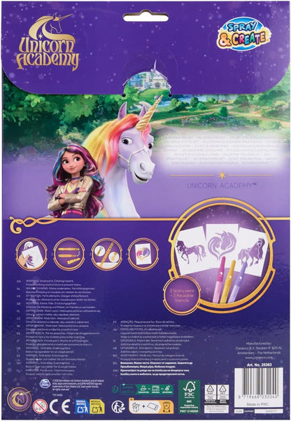 Unicorn Academy Spuitpen Set | Poederstiften & Sjablonen om te Spuiten | Creatief Airbrush Schilderset voor Kinderen | Toverpotloden Knutselset met 3 Spuitstiften & 3 Sjablonen | Meisjes Cadeau