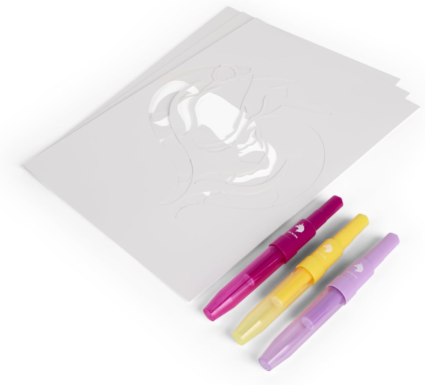 Unicorn Academy Spuitpen Set | Poederstiften & Sjablonen om te Spuiten | Creatief Airbrush Schilderset voor Kinderen | Toverpotloden Knutselset met 3 Spuitstiften & 3 Sjablonen | Meisjes Cadeau