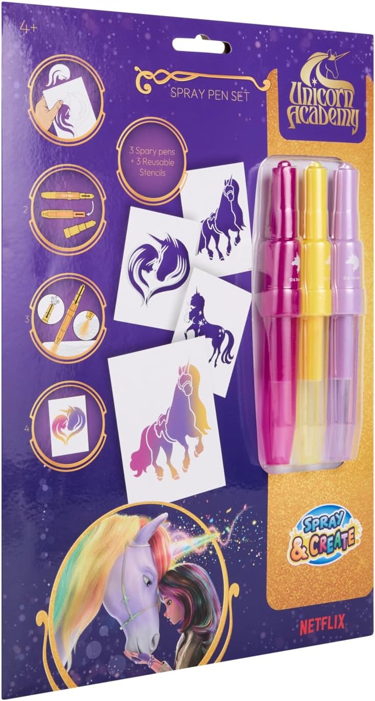 Unicorn Academy Spuitpen Set | Poederstiften & Sjablonen om te Spuiten | Creatief Airbrush Schilderset voor Kinderen | Toverpotloden Knutselset met 3 Spuitstiften & 3 Sjablonen | Meisjes Cadeau