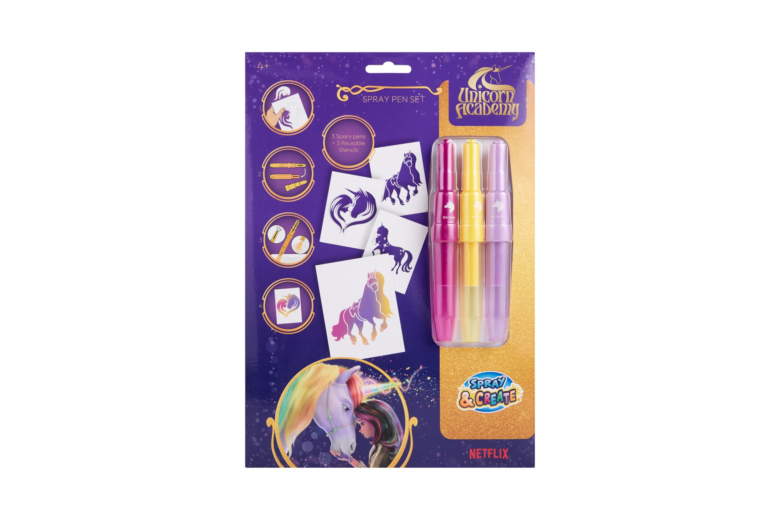 Unicorn Academy Spuitpen Set | Poederstiften & Sjablonen om te Spuiten | Creatief Airbrush Schilderset voor Kinderen | Toverpotloden Knutselset met 3 Spuitstiften & 3 Sjablonen | Meisjes Cadeau