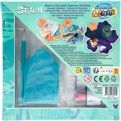 Disney Stitch Diamond Painting set, Glow in the Dark canvas, 19 x 19 cm, Stitch knutselset voor kinderen vanaf 6 jaar, diamond painting-set met accessoires, lichtgevende mozaïekafbeelding om zelf vorm