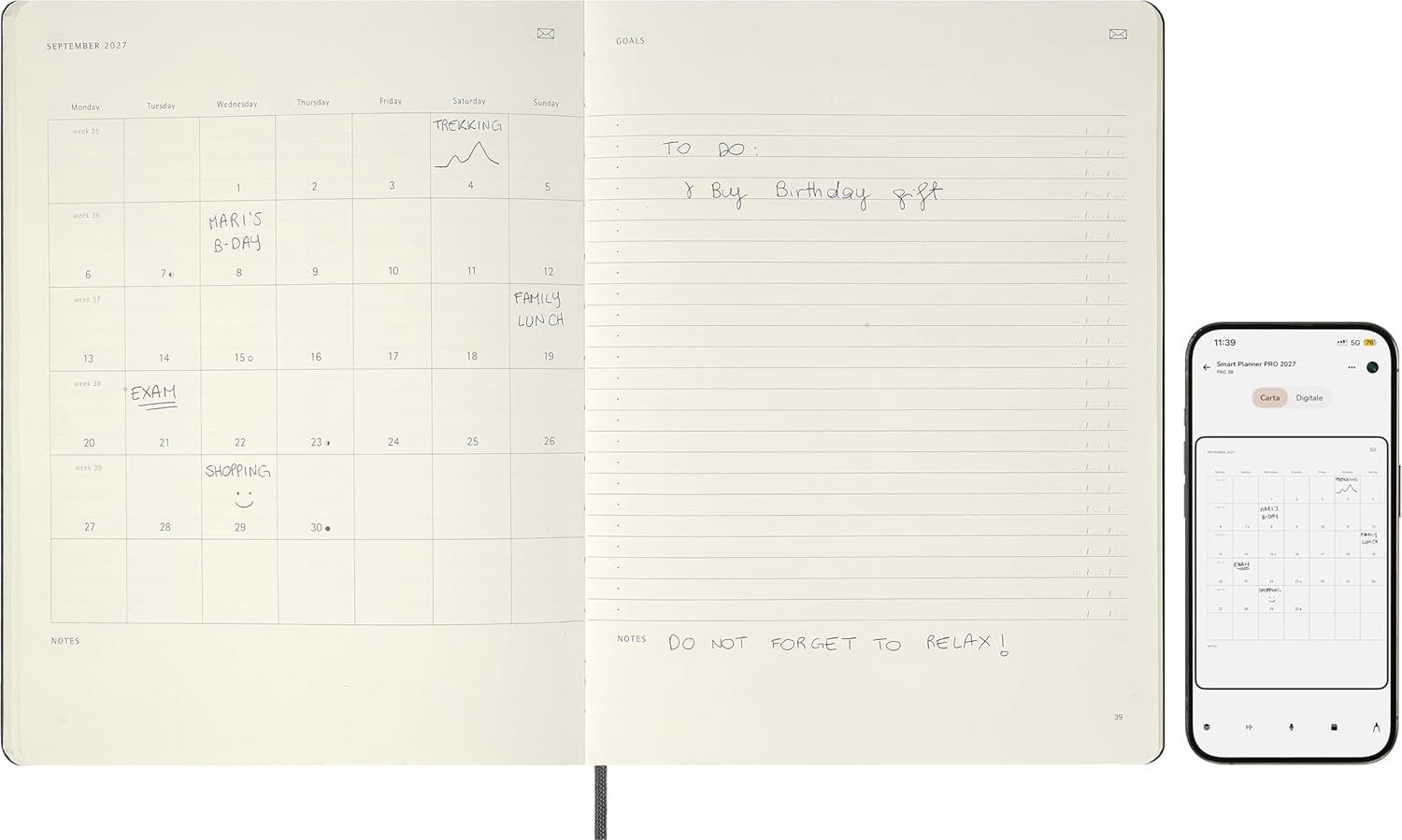Moleskine Weekly Digital Planner 2027, Hard Cover 12 Month Vertical Smart PRO Planner with Elastic Closure, XL Size 19x25 Cm, Black