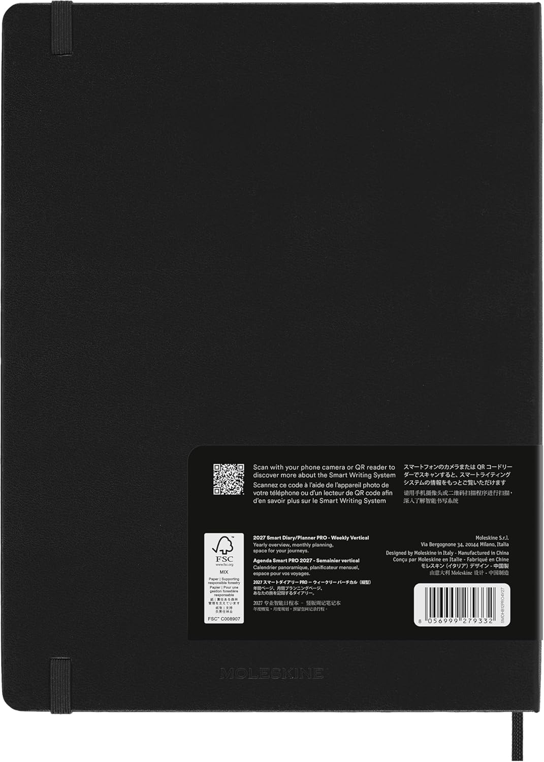 Moleskine Weekly Digital Planner 2027, Hard Cover 12 Month Vertical Smart PRO Planner with Elastic Closure, XL Size 19x25 Cm, Black