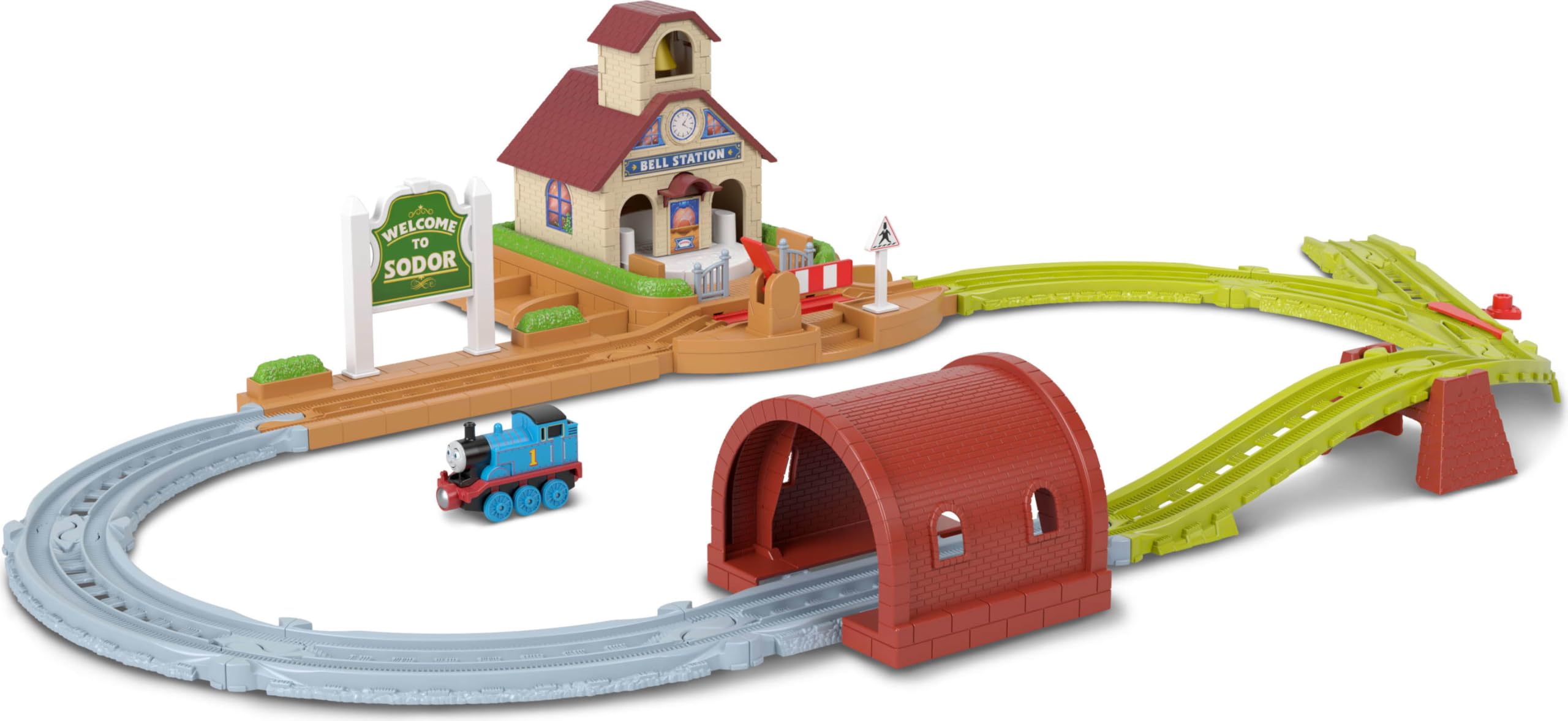 Thomas & Friends Toy Train Set by Fisher-Price, Bell Station Playset with Push-Along Thomas Engine, Ringing Bell, Tunnel, Gate & Expandable, JLL35