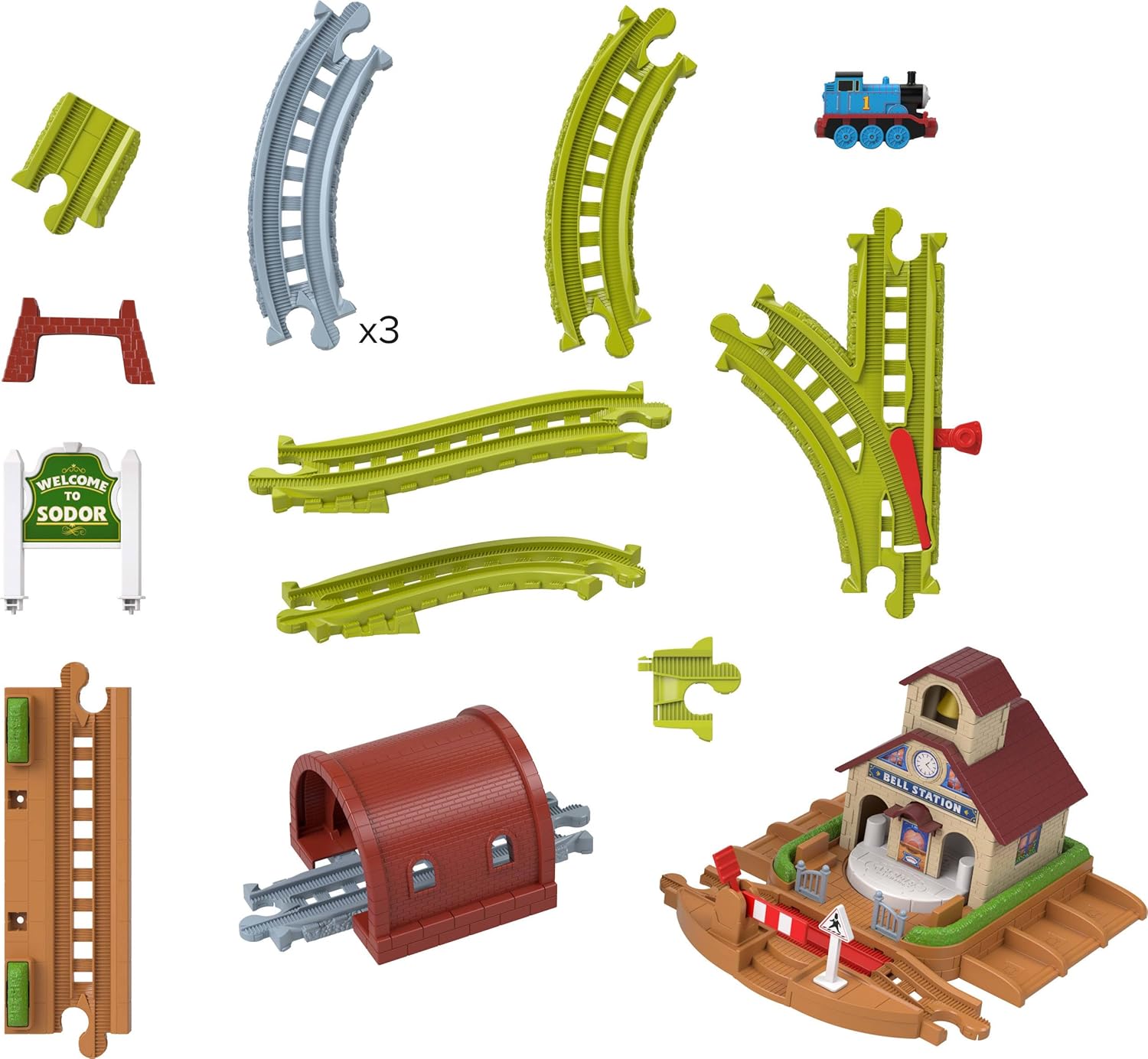 Thomas & Friends Toy Train Set by Fisher-Price, Bell Station Playset with Push-Along Thomas Engine, Ringing Bell, Tunnel, Gate & Expandable, JLL35