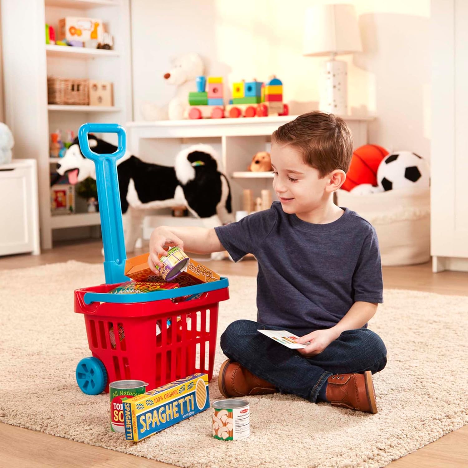 Melissa & Doug Fill and Roll Grocery Basket Play Set With Play Food Boxes and Cans (11 pcs), Play Kitchen Toy Food Ages 3+