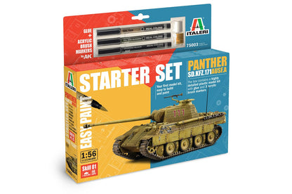 Italeri 75003 Starter Set - Easy Paint: Panther Sd.Kfz.171 Ausf.A, schaal 1:56, Plastic Model Kit/plastic model om in elkaar te zetten, incl. lijm en 3 acrylstiften om te schilderen
