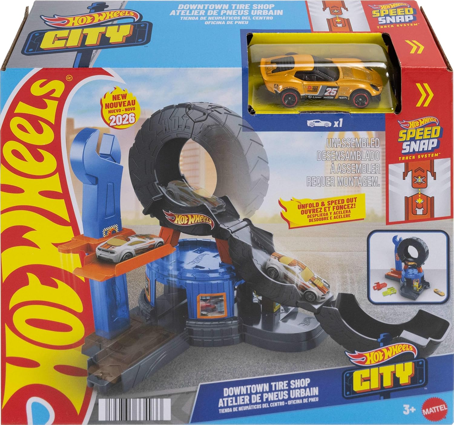 Hot Wheels Spielzeugauto-Trackset, City Downtown Reifenwerkstatt und Die-Cast-Abschleppwagen im Maßstab 1:64, multidirektionales Spielen, mit dem Track-Schnellstecksystem kompatibel, JHL75