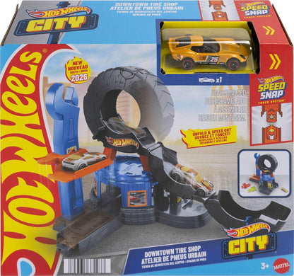 Hot Wheels Spielzeugauto-Trackset, City Downtown Reifenwerkstatt und Die-Cast-Abschleppwagen im Maßstab 1:64, multidirektionales Spielen, mit dem Track-Schnellstecksystem kompatibel, JHL75