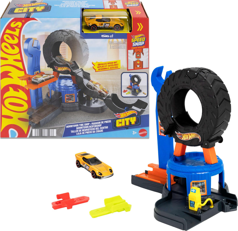 Hot Wheels Spielzeugauto-Trackset, City Downtown Reifenwerkstatt und Die-Cast-Abschleppwagen im Maßstab 1:64, multidirektionales Spielen, mit dem Track-Schnellstecksystem kompatibel, JHL75