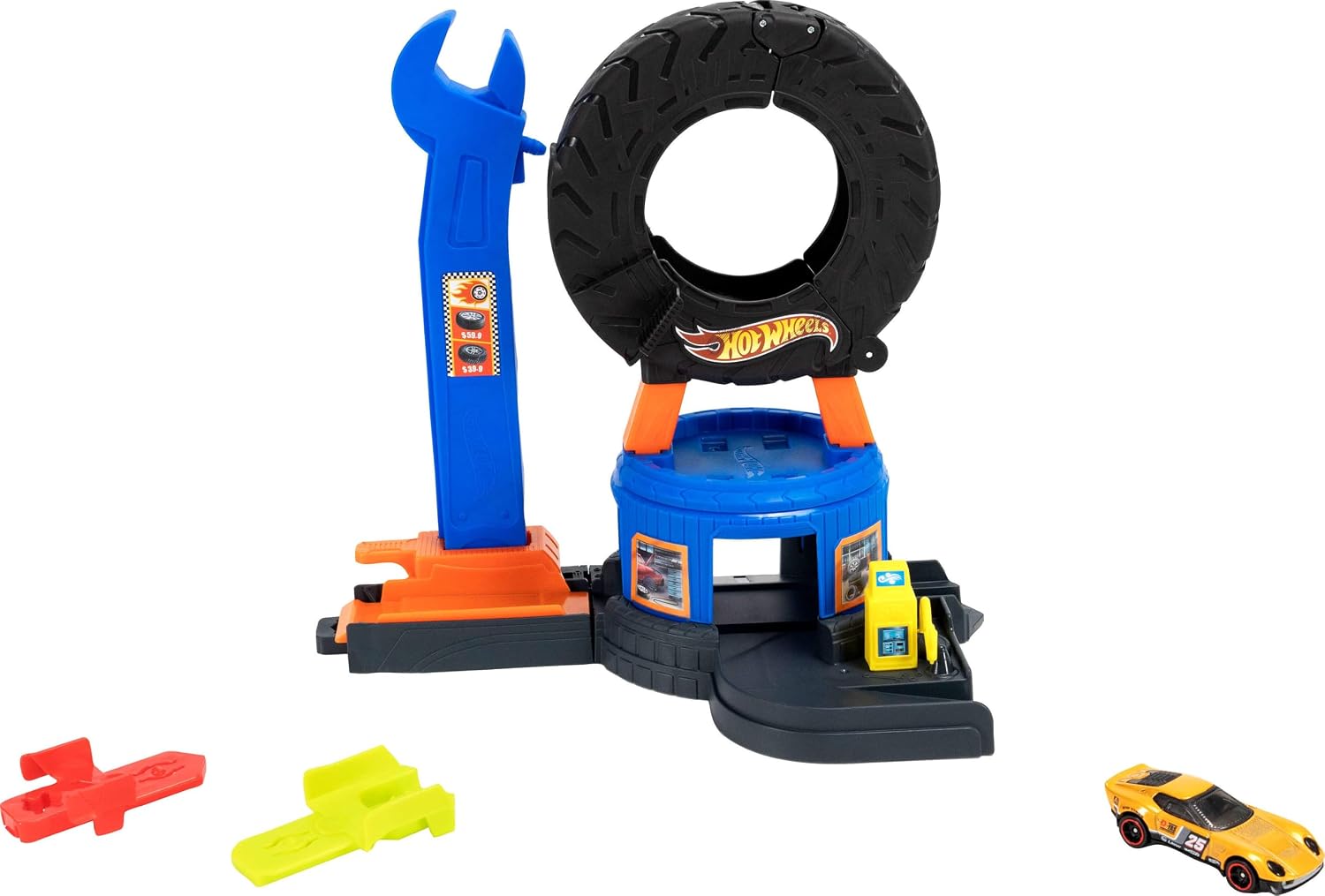 Hot Wheels Spielzeugauto-Trackset, City Downtown Reifenwerkstatt und Die-Cast-Abschleppwagen im Maßstab 1:64, multidirektionales Spielen, mit dem Track-Schnellstecksystem kompatibel, JHL75