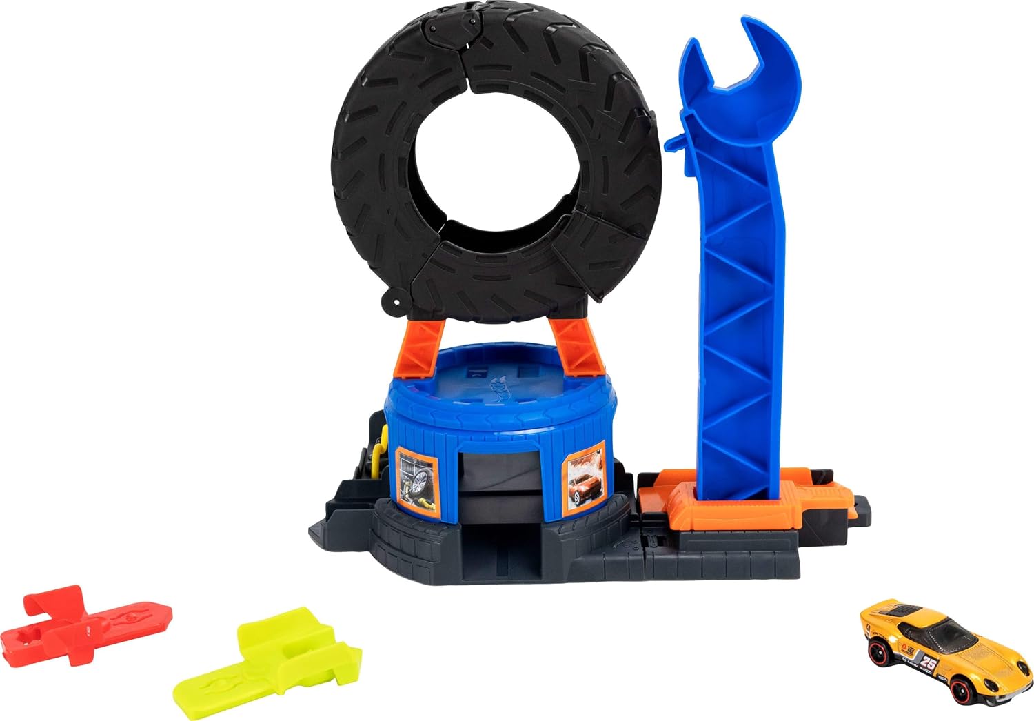 Hot Wheels Spielzeugauto-Trackset, City Downtown Reifenwerkstatt und Die-Cast-Abschleppwagen im Maßstab 1:64, multidirektionales Spielen, mit dem Track-Schnellstecksystem kompatibel, JHL75